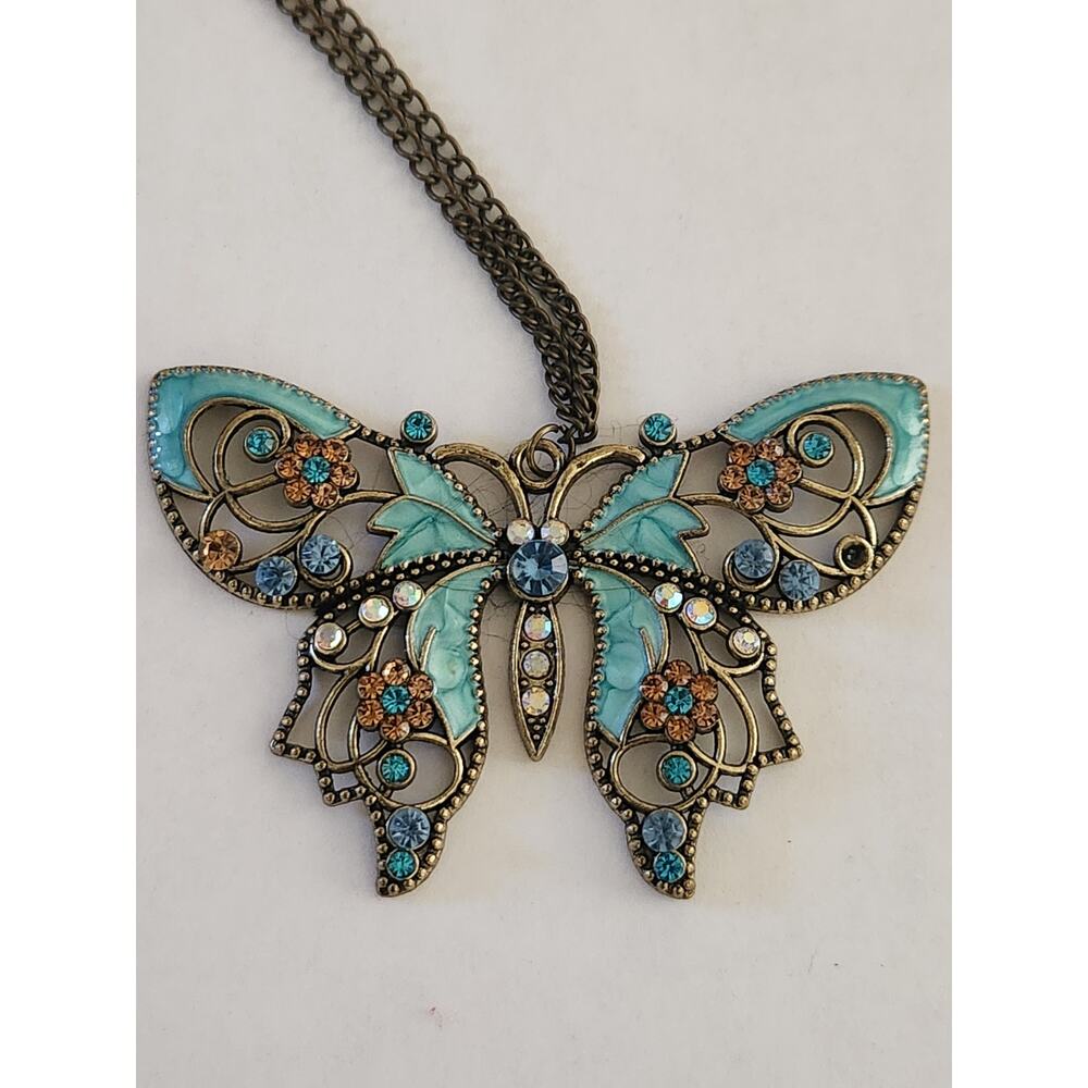 Vintage Style Butterfly Pendant Necklace Blue Rhinestone Filigree Boho